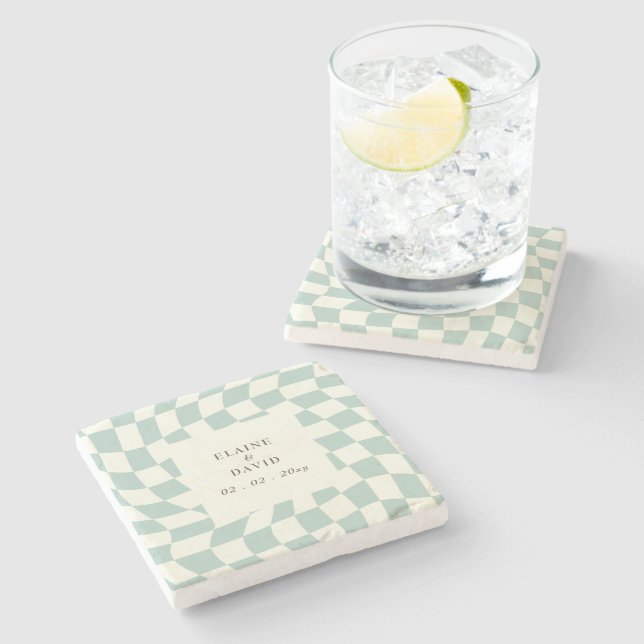 Retro Groovy Green Chequerboard Wedding Stone Coaster (Side)