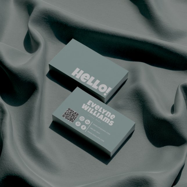 Retro Groovy Green QR Code Hello Modern Boho Business Card (Creator Uploaded)