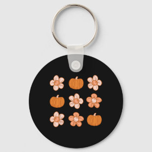 Retro Groovy Halloween Fall Hippie Pumpkin Floral Key Ring