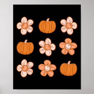 Retro Groovy Halloween Fall Hippie Pumpkin Floral Poster