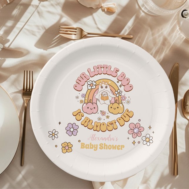Retro Groovy Halloween Little Boo Baby Shower Paper Plate (Creator Uploaded)