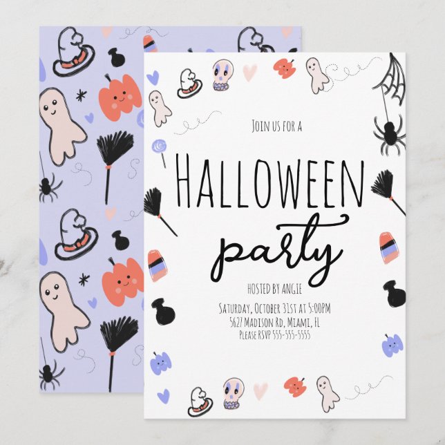 Retro Groovy Halloween Party Vintage Doodles  Invitation (Front/Back)