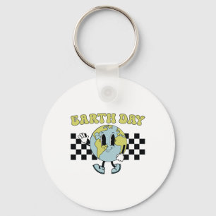 Retro Groovy Happy Earth Day Cute Earth With Earth Key Ring