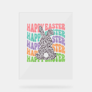 Retro Groovy Happy Easter Leopard Rabbit Women Gir Acrylic Sign