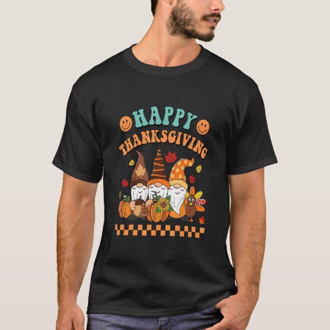 Retro Groovy Happy Thanksgiving Fall Gnomes Pumpki T-Shirt (Front)