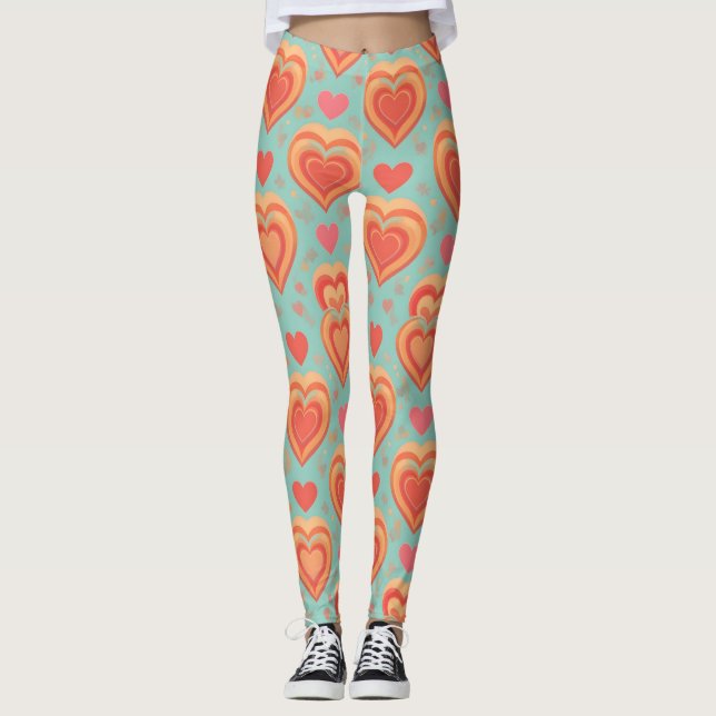  Retro Groovy Hearts 70s Valentine Love Coral Mint Leggings (Front)