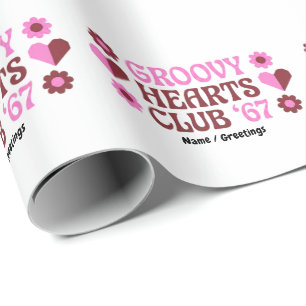 Retro Groovy Hearts Club '67 Pink Brown Valentine Wrapping Paper