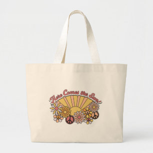 Retro Groovy   Here Comes the Sun Vintage Graphic Large Tote Bag