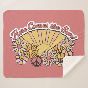 Retro Groovy Here Comes the Sun Vintage Graphic Sherpa Blanket