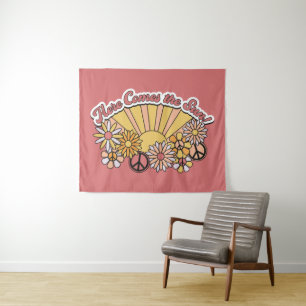 Retro Groovy Here Comes the Sun Vintage Graphic Tapestry