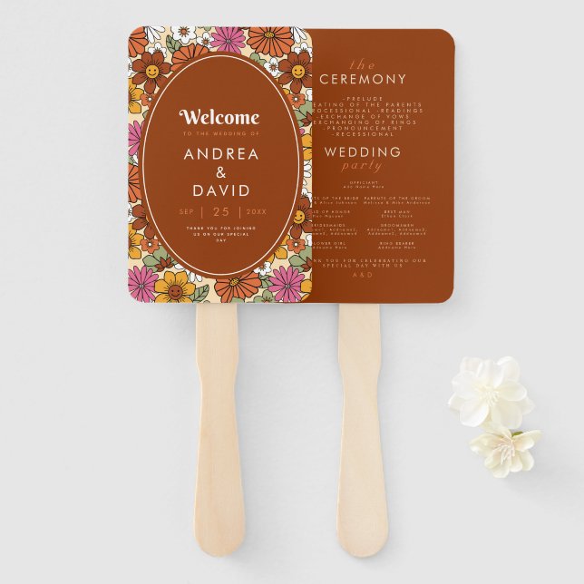 Retro Groovy Hippie Daisy Floral Terracotta 70s Hand Fan (Front and Back)