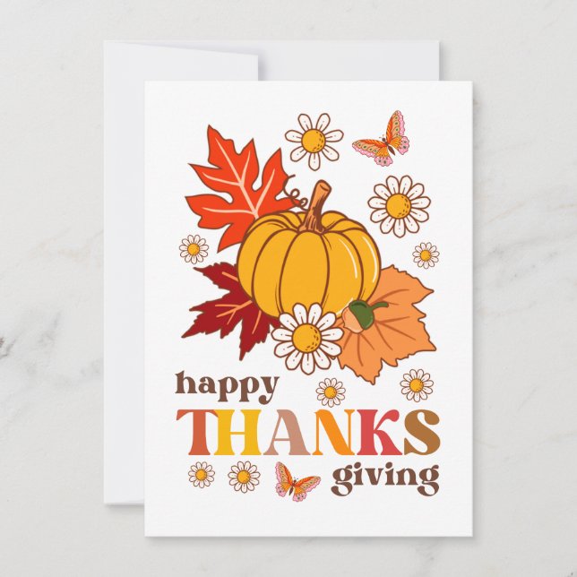 Retro Groovy Hippie Daisy Pumpkin Thanksgiving Card (Front)