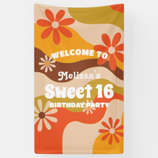 Retro Groovy Hippie Flower Sweet 16 Birthday  Banner (Vertical)