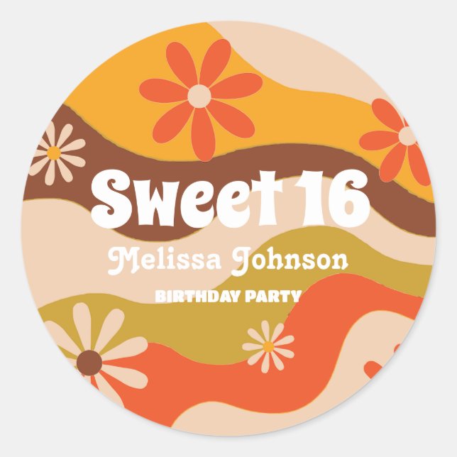 Retro Groovy Hippie Flower Sweet 16 Birthday  Classic Round Sticker (Front)