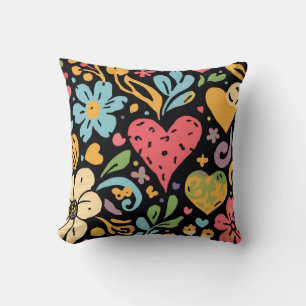 Retro Groovy Hippie Flowers and Hearts Cushion