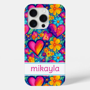 Retro Groovy Hippie Flowers Hearts Personalised iPhone 15 Pro Case