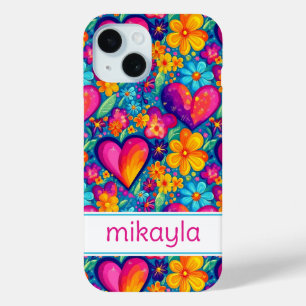 Retro Groovy Hippie Flowers Hearts Personalised iPhone 15 Case