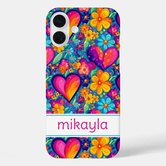 Retro Groovy Hippie Flowers Hearts Personalised Case-Mate iPhone Case (Back)