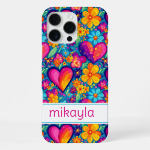Retro Groovy Hippie Flowers Hearts Personalized iPhone 16 Pro Max Case