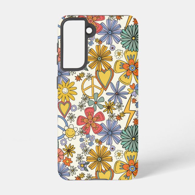 Retro Groovy Hippie Flowers Hearts Samsung Galaxy S21 Case (Back)