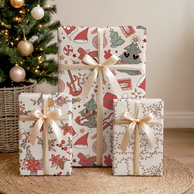 Retro Groovy Holiday Rock 'N Roll Peace Tree Wrapping Paper Sheet (Creator Uploaded)