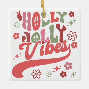 Retro Groovy Holly Jolly Vibes Holiday Photo Ceramic Ornament