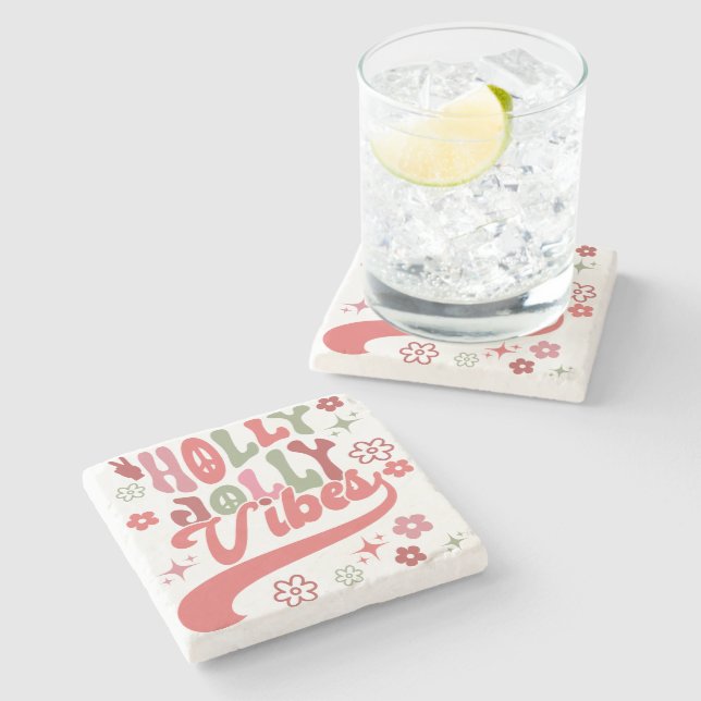 Retro Groovy Holly Jolly Vibes Holiday Photo Stone Coaster (Side)