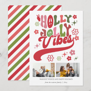 Retro Groovy Holly Jolly Vibes Typography 2 Photo Holiday Card