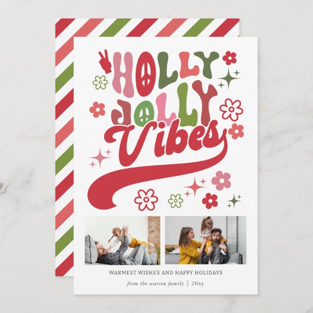 Retro Groovy Holly Jolly Vibes Typography 2 Photo Holiday Card (Front/Back)