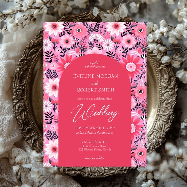 Retro groovy hot pink and white flowers invitation (retro groovy hot pink and white flowers wedding invitation)