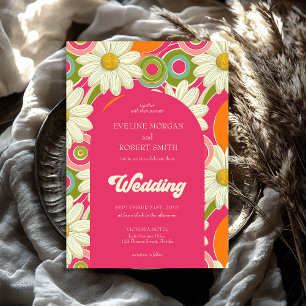 Retro groovy hot pink orange and white daisies invitation
