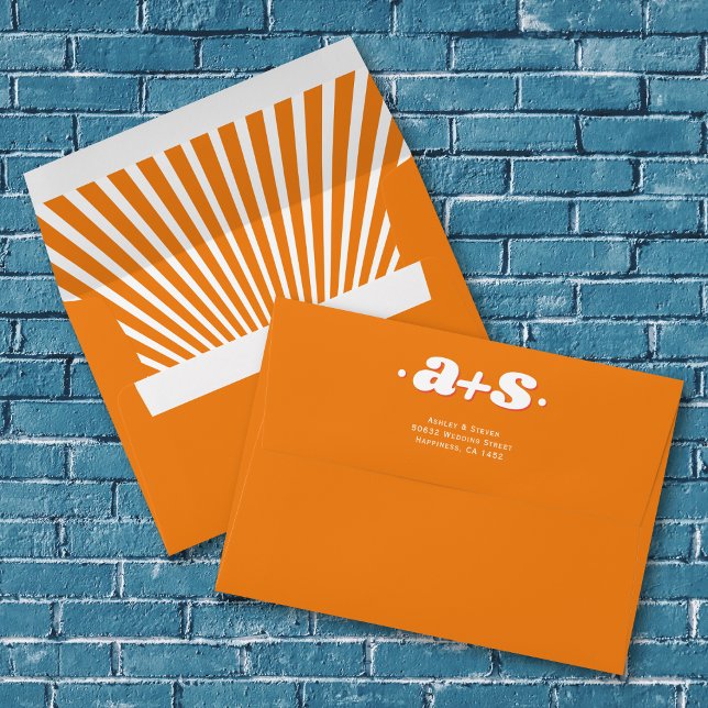 Retro groovy initials orange sunrays wedding envelope (Creator Uploaded)