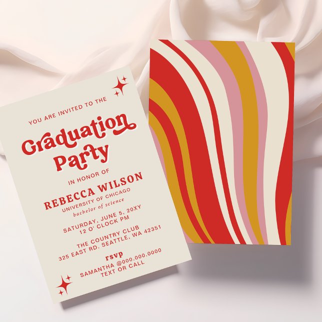 Retro Groovy Ivory Red 70s Graduation Party Invitation (Retro Groovy Ivory Red 70s Graduation Party Invitation)