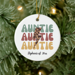Retro groovy leopard print auntie ceramic tree decoration