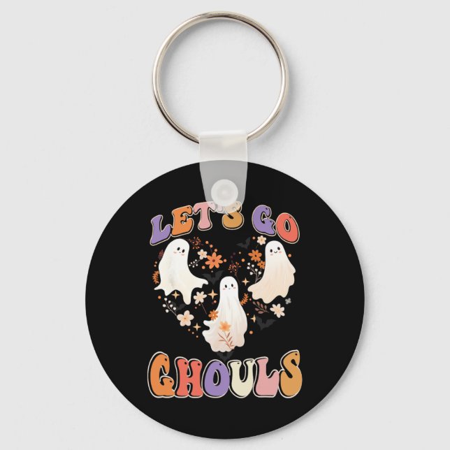 Retro Groovy Let's Go Ghouls Fun Halloween Couples Key Ring (Front)