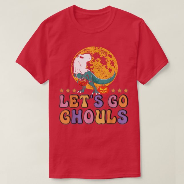 Retro Groovy Let's Go Ghouls Halloween Ghost Dinos T-Shirt (Design Front)
