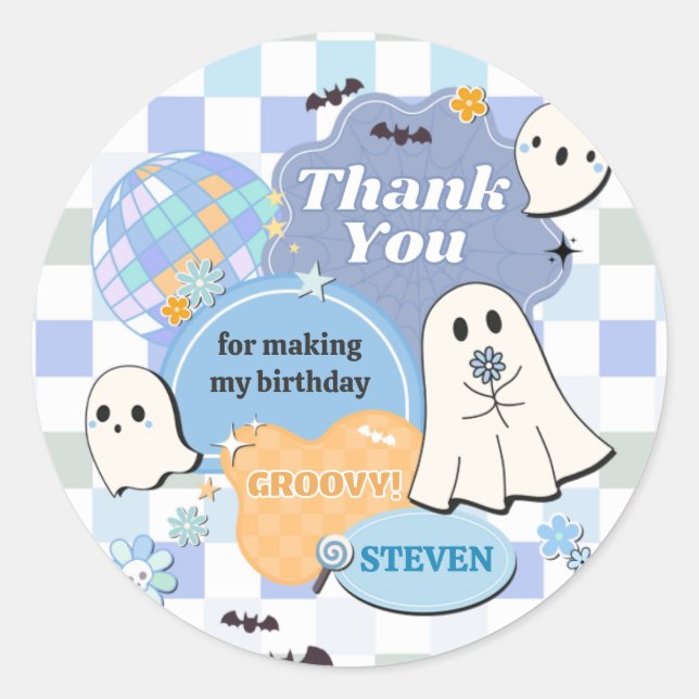 Retro Groovy Little Boo Birthday Party Classic Round Sticker (Front)
