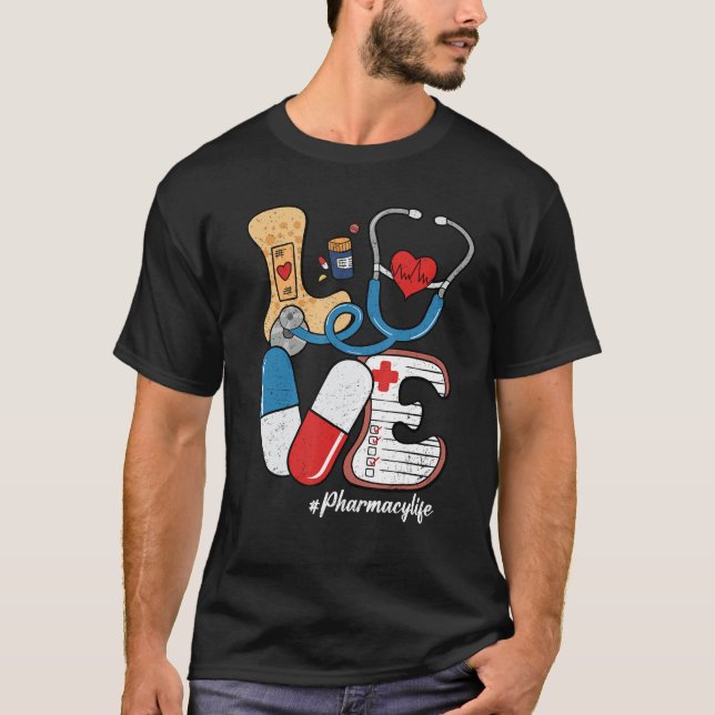 Retro Groovy LOVE Stethoscope Pill Pharmacy Life P T-Shirt (Front)
