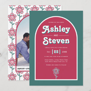 Retro groovy magenta and teal 70s inspired wedding invitation