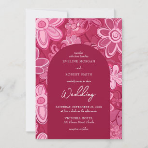 Retro groovy magenta pink flowers boho arch invitation