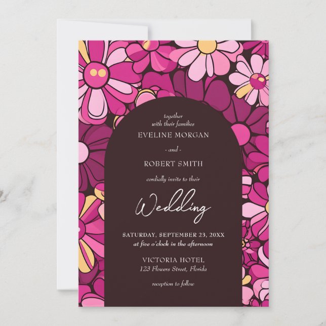 Retro groovy magenta pink flowers boho arch invitation (Front)