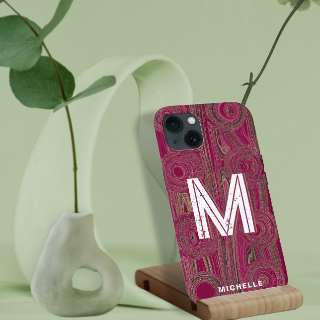 Retro Groovy Magenta Pink Gold Glitter Monogram  Case-Mate iPhone Case (Creator Uploaded)