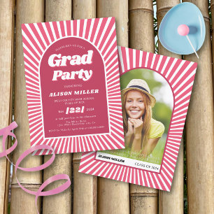 Retro groovy magenta pink sunrays 70s Graduation Invitation