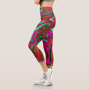 Retro Groovy Magenta, Red and Blue Abstract Art Capri Leggings