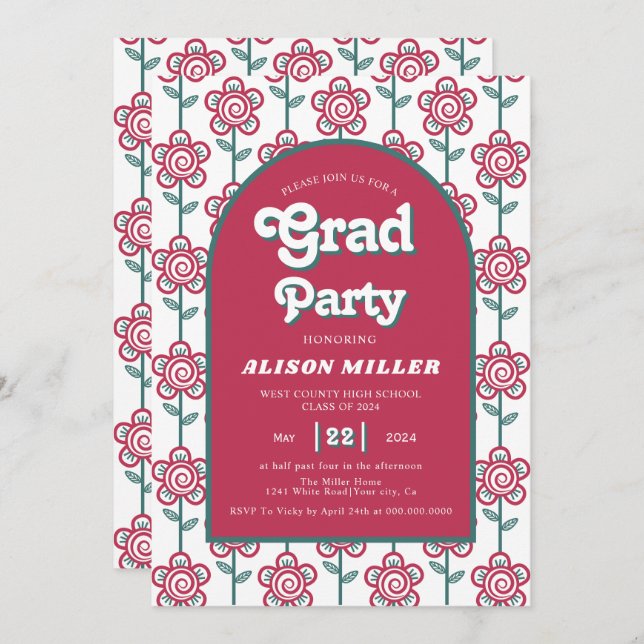 Retro groovy magenta, teal flowers 70s Graduation Invitation (Front/Back)