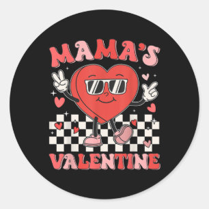 Retro Groovy Mama Is My Valentine Cute Heart Boys Classic Round Sticker