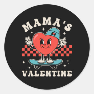 Retro Groovy Mama Is My Valentine Cute Heart Boys  Classic Round Sticker