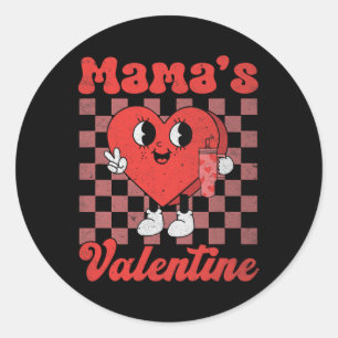Retro Groovy Mama Is My Valentine Cute Heart Boys Classic Round Sticker