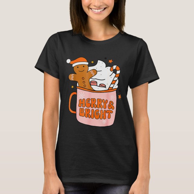 Retro Groovy Merry And Bright Gingerbread Christma T-Shirt (Front)