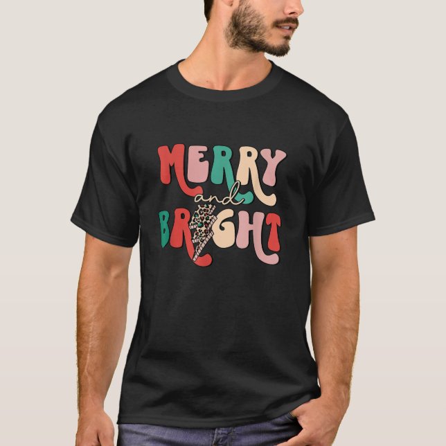 Retro Groovy Merry And Bright Leopard Lightning Bo T-Shirt (Front)